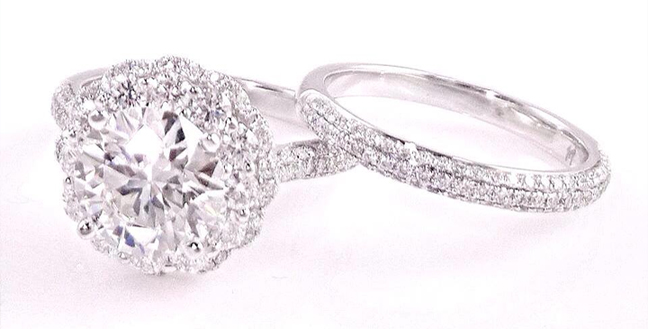 Custom Design Halo Engagement Ring with Matching Wedding Band. Center Diamond: 3.00 Carat Round Brilliant Cut.